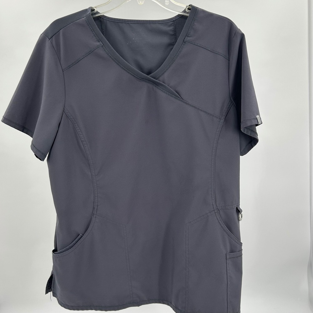 Cherokee Infinity Womens Mock Wrap Scrub Top Gray Short‎ Sleeve O-Ring Pocket XL